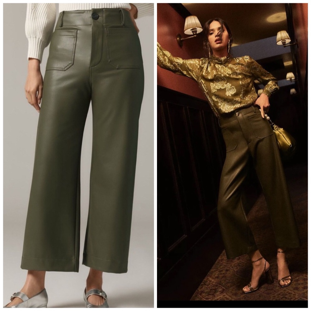 Anthropologie Maeve The Colette Cropped Wide Leg Trousers Vegan Leather Moss 27T
